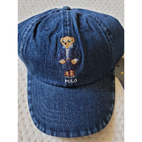 Polo Ralph Lauren BEAR Dark Wash Denim Blue Leather Strapback Baseball H… - Picture 4 of 7
